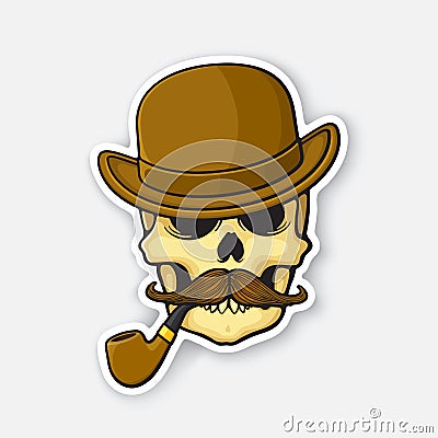 Sticker skull of a gentleman with a mustache and smoking pipe in bowler hat Vector Illustration