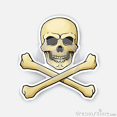 Sticker skull Jolly Roger with crossbones at the bottom Vector Illustration