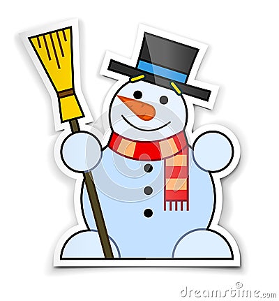 Sticker of smiling snowman in top hat with broom Vector Illustration