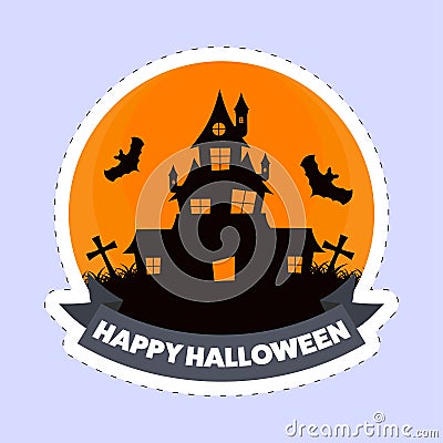 Sticker Style Happy Halloween Font With Haunted House, Flying Bats, Cemetery View On Orange And Blue Stock Photo