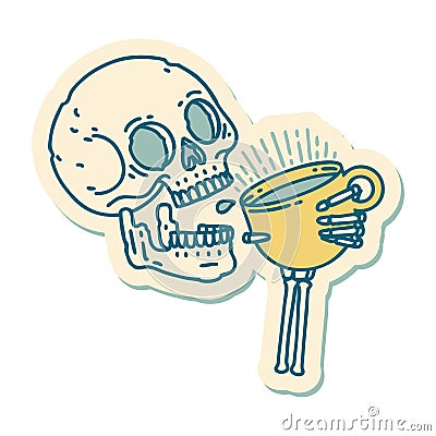 tattoo style sticker of a skull drinking coffee Vector Illustration