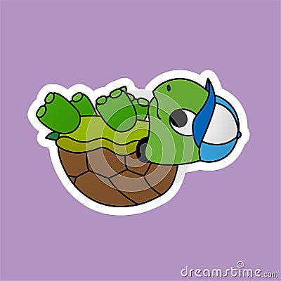 Sticker of Turtle Upside Down and Wearing a Blue Hat Cartoon, Cute Funny Character, Flat Design Stock Photo