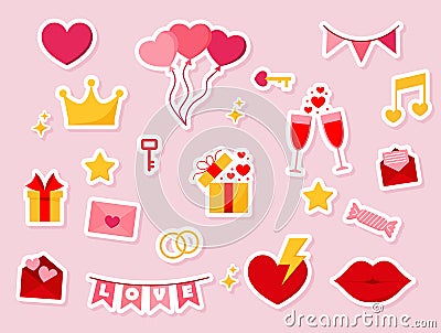 Sticker valentine s day element. Gift, heart, balloon, kiss, key, rose, candy and others for decorative. Vector illustration Vector Illustration