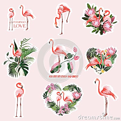 Flamingo, cute animals, tropical flowers. Set of cartoon stickers, patches, badges, pins, prints for kids. Vector Illustration