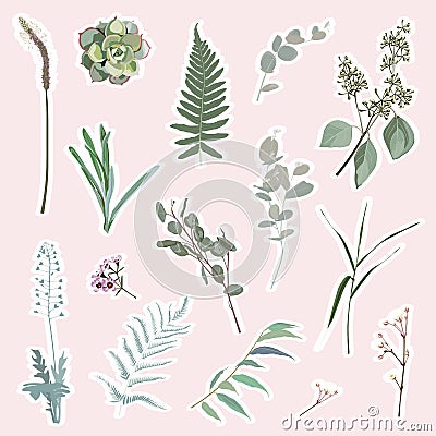 Bright style set stickers with garden herbs. Collection of isolated elements on beige background. Cartoon Illustration