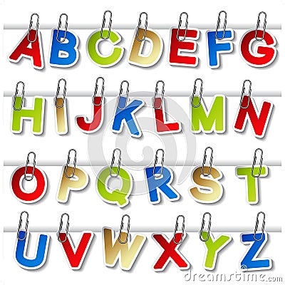 Stickers of alphabet with paperclip - own font Vector Illustration