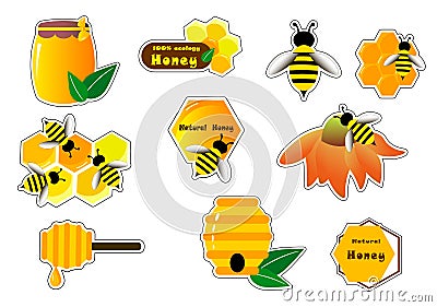 Stickers with honey and bees. Vector illustration. Vector Illustration