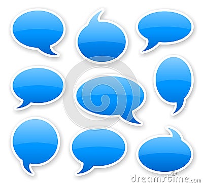 Stickers of blue glossy rounded comics text bubbles Stock Photo