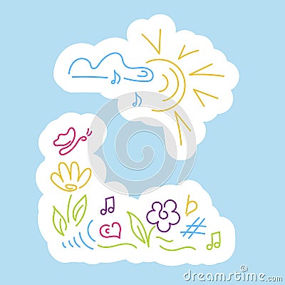 Stickers. Cloud, notes, sun, flower, butterfly, rainbow, musical notation Stock Photo