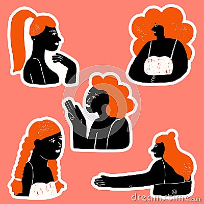 Stickers collection with abstract trendy creative girls. Cartoon Illustration