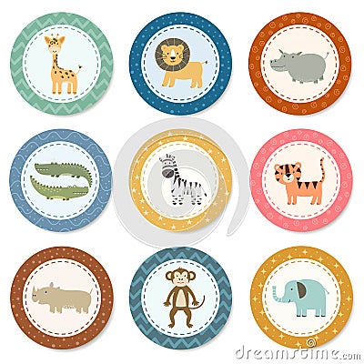 Stickers collection with cute safari animals Vector Illustration