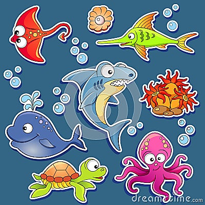 Stickers of cute cartoon sea animals Vector Illustration