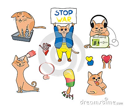 Stickers with a cute ginger cat, various situations, the cat poops, protests, eats, suitable for social networks and messengers Vector Illustration