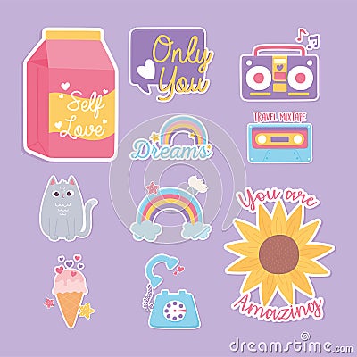 stickers decoration cartoon icons flower rainbow cat ice cream Vector Illustration