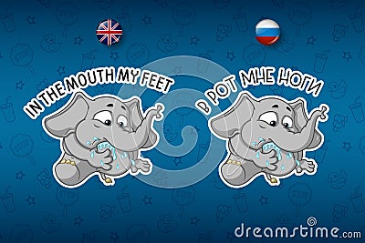 Stickers elephant. Put my paw in my mouth. Saying. Big set of stickers in English and Russian languages. Vector, cartoon Vector Illustration