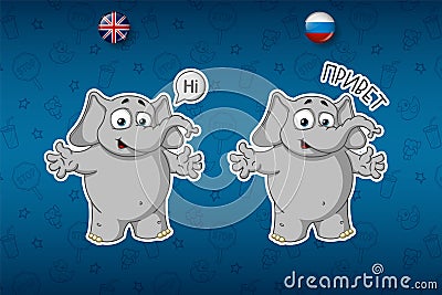 Stickers elephants. Hi, says hello. Big set of stickers in English and Russian languages. Vector, cartoon Vector Illustration