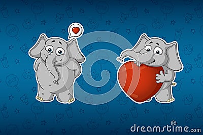 Stickers elephants. He is in love, he has a big heart. Big set of stickers. Vector, cartoon. Vector Illustration