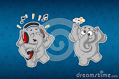 Stickers elephants. Merry, listening to music. He`s going crazy. Big set of stickers. Vector, cartoon Vector Illustration