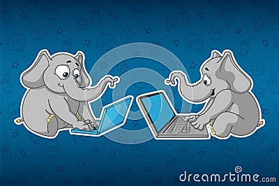 Stickers elephants. Sits at the computer. Work on the Internet. Communication in the network. Big set of stickers. Vector, cartoon Vector Illustration