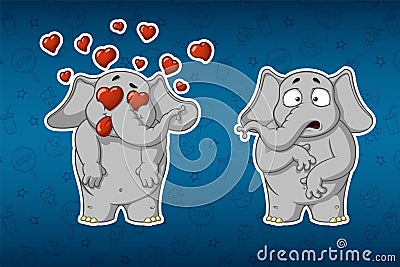 Stickers elephants. Very in love. He is surprised. Big set of stickers. Vector, cartoon Vector Illustration