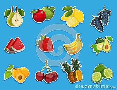 Stickers with fresh fruit set. Healthy food. Different types of delicious natural fruits and berries. Different kind of tropical Vector Illustration