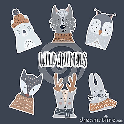 Stickers made of paper with a shadow of wild and forest animals. Vector Illustration