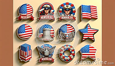 Stickers, Memorial Day, Patriotic, 3D, shading, high quality Cartoon Illustration