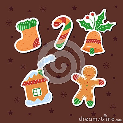 Stickers of New Year and Christmas cookies - a sock, a bell, a candy, a ginger man and a house on a brown background with stars, Vector Illustration