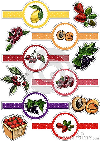 Stickers pack of hand drawn sketch berries and fruits. Vector illustration of lemon, cherry, currant, apricot, strawberry. Vector Illustration