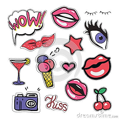 Stickers, patches and handwritten words set Vector Illustration