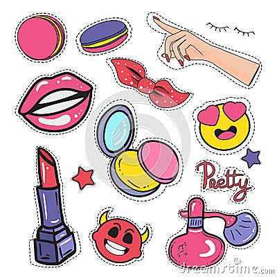 Stickers, patches and handwritten words set Vector Illustration