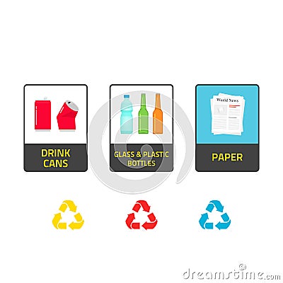 Stickers for recycling trash bins vector illustration isolated on white Vector Illustration