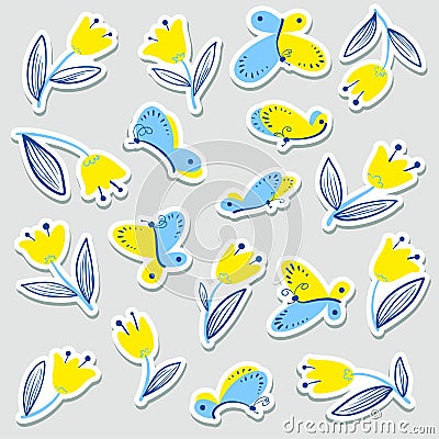 Stickers set with butterflies. Collection with flying beautiful Vector Illustration