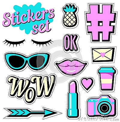 Stickers set. Cartoon patch badges Vector Illustration