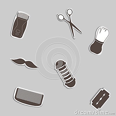 Stickers set of different barber shop tools. Symbols for badges and labels. Barber shop and hair salon for man badge vector Vector Illustration