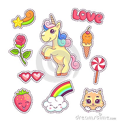 Stickers set pop art style with unicorn Stock Photo