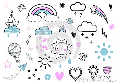 Stickers set with rainbow, star, cloud,heart, star, sun, bird and balloon. Stock Photo