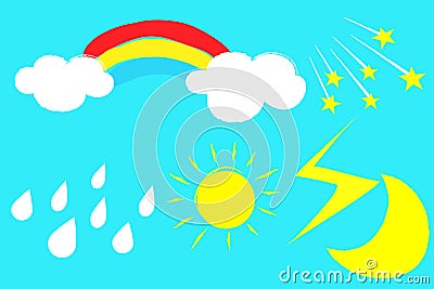 Stickers set with sun rainbow cloud moon on blue background Stock Photo