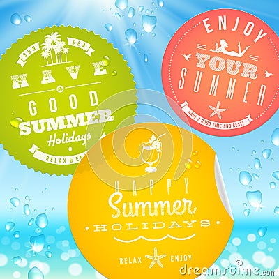 Stickers with summer vacation and travel emblems Vector Illustration