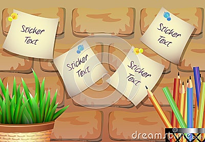 Stickers for text with a flower pot on a brick background Vector Illustration