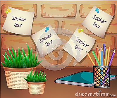 Stickers for text with a flower pot on a brick background Vector Illustration