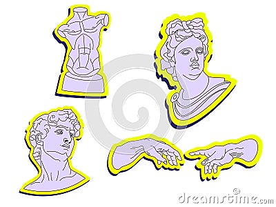 Stickers Various Antique Statues. Classic statues in modern style. Vaporwave stickers with greek sculpture, Tors, Hands and David Vector Illustration