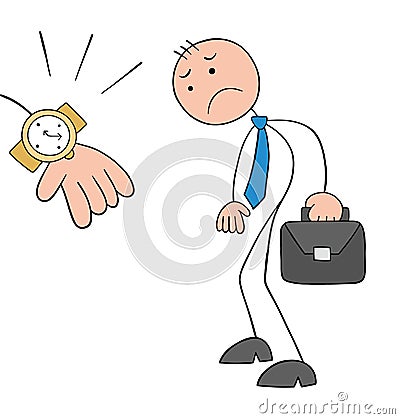 Stickman boss shows his worker the time and says he is late, hand drawn cartoon vector illustration Vector Illustration