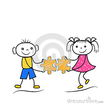 Stickman boy and girl holding puzzle icons. Teamwork or problem solving cartoon figures. Cartoon Illustration