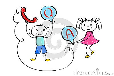Stickman boy and girl team in customer help support center. Cartoon technical FAQ and Q&A service. Vector Illustration