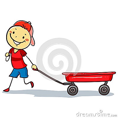 Stickman Boy pulling a red Wagon Vector Illustration