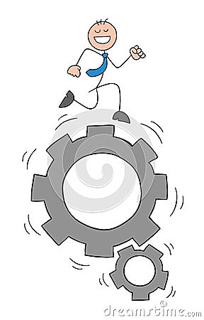 Stickman businessman character happy and running on the spinning gear, vector cartoon illustration Vector Illustration