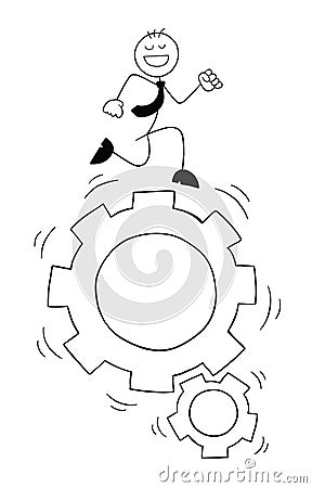 Stickman businessman character happy and running on the spinning gear, vector cartoon illustration Vector Illustration