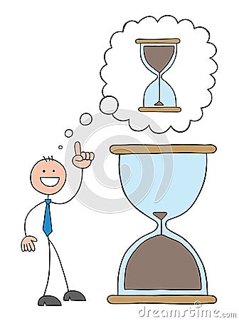 Stickman businessman is in front of the hourglass that is almost finished and he has an idea to turn it upside down, gain time Vector Illustration