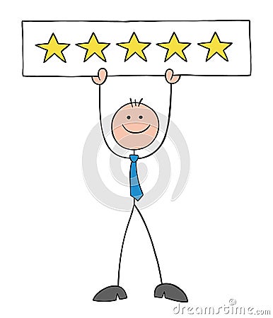 Stickman businessman gives 5 stars to the service or product he receives as a customer, hand drawn cartoon vector illustration Vector Illustration